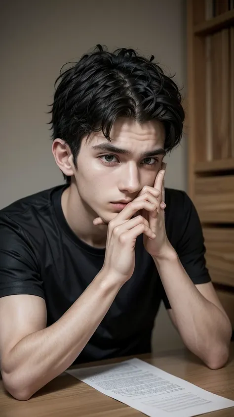 25-year-old man wearing a black t-shirt, sosteniendo su INE junto con una hoja de papel cerca de su cara