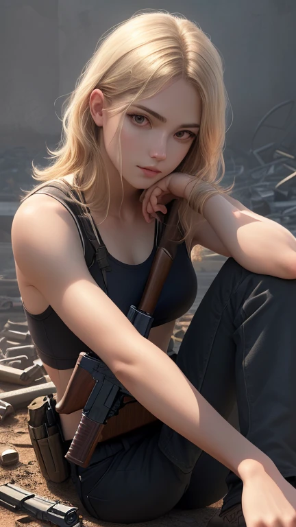 Best quality,masterpiece,ultra high res,(photorealistic:1.4)1girl,white background,solo,blood,arm guards,simple background,male focus,looking at viewer,black eyes,tabi,floating hairfull body,, (gun:1.3), holding gun, dirty blonde,,upper body,cargo shorts,s...