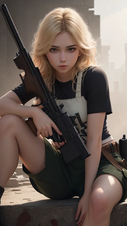 Best quality,masterpiece,ultra high res,(photorealistic:1.4)1girl,white background,solo,blood,arm guards,simple background,male focus,looking at viewer,black eyes,tabi,floating hairfull body,, (gun:1.3), holding gun, dirty blonde,,upper body,cargo shorts,s...