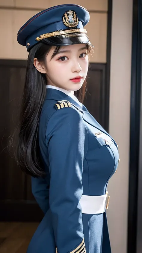 最high quality, masterpiece, 32k、Very detailed、Realistic、1 girl, Japanese women、Light blue military uniformのコスチューム、High Grade、High Gradeで未来的なセクシーなコスチューム, Light blue military uniform、US Army military uniform hat、Light blue military uniform、class seal、Wearing...