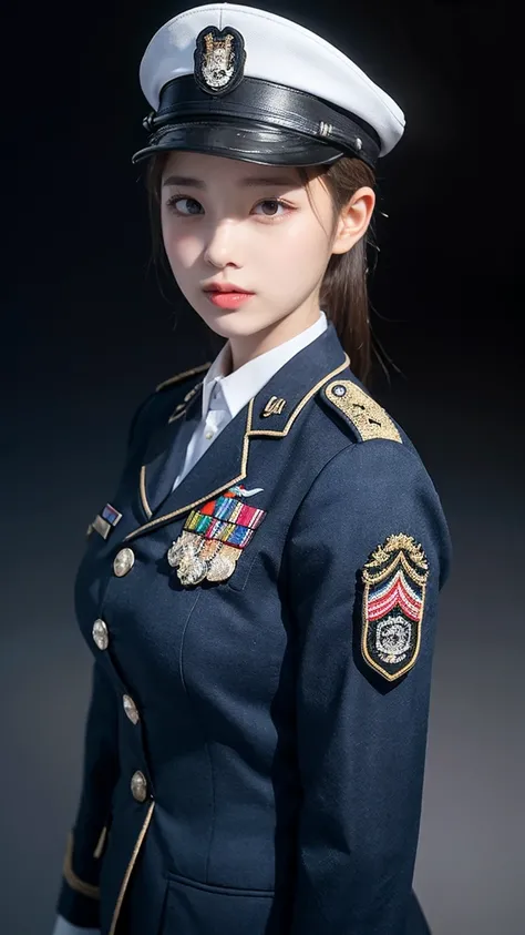 最high quality, masterpiece, 32k、Very detailed、Realistic、1 girl, Japanese women、Light blue military uniformのコスチューム、High Grade、High Gradeで未来的なセクシーなコスチューム, Light blue military uniform、US Army military uniform hat、Light blue military uniform、class seal、Wearing...