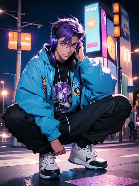 Teenage boy, purple hair, blue eyes, muscular,With a royal blue jacket, with a headset, holding a skateboard, his glitter pants, a nighttime atmosphere, with the light.