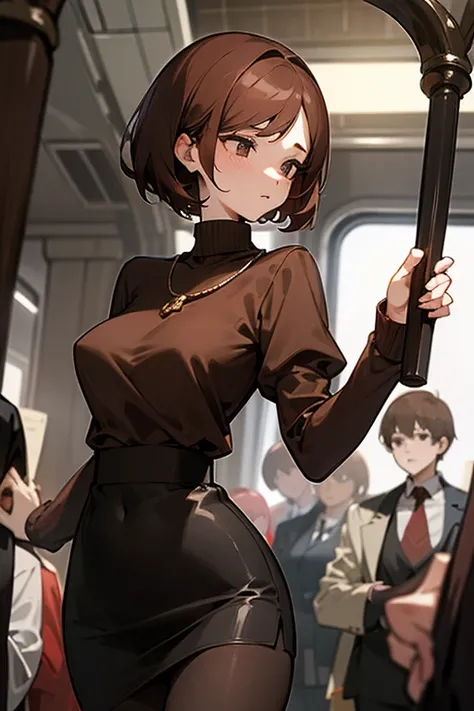 Reddish brown short length hair、Black high neck waffle knit top、Flared sleeves、Tight Skirt、Black Stockings、necklace、tits、slender、In a crowded train、Draw delicate facial details、