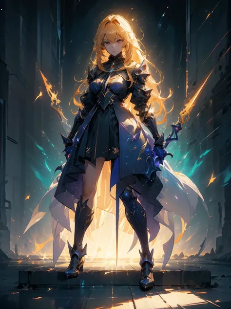 Design a layout showcase Gaming character, (1girl). Golden+Purle clothes, stylish and unique, ((showcase weapon:1.4)), magic staff, (masterpiece:1.2), (best quality), 4k, ultra-detailed, (Step by step design, layout art:1.5), (luminous lighting, atmospheri...