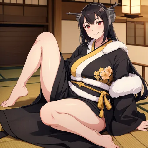 a woman wearing a black yukata with yellow details, long white fur cape, long black hair, red eyes, smiling, big breasts, walkin...