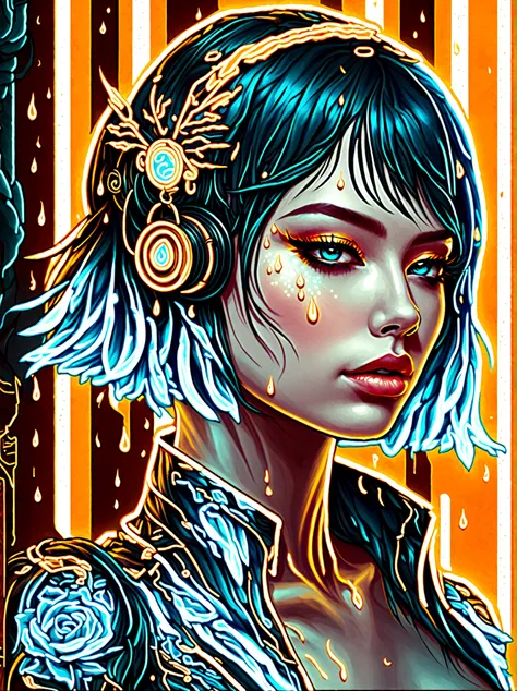 neon, 发光的neon, cyberpunk girl profile，whole body像，golden light，golden raindrops，blood stains the earth，blue and white porcelain ...