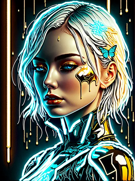 Neon, 发光的Neon, Cyberpunk girl profile，whole body像，Golden Light，Golden Raindrops，Blood stains the earth，Blue and white porcelain texture, (身体彩虹色Neon轨迹形成:1.3)，Surreal，fantasy，Stunning，Vision，whole body