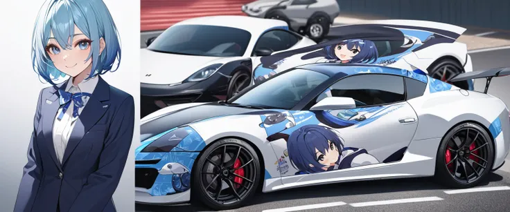 (Highest quality、Very detailed、Very detailed and beautiful、Ultra-high resolution) 、((A sports car with an anime girl printed on the hood))、Car wrapping,Blue-haired high school girl print、{Light Hair、Short Bob Hair}, ,{Dark Blue Blazer、White shirt、Blue ribb...