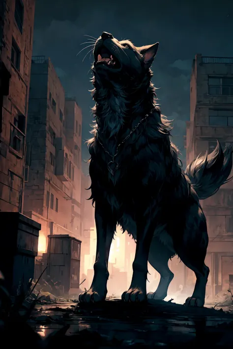 a giant howling dog,screaming in terror,dramatic lighting,dark and gloomy atmosphere,dramatic shadows,detailed fur texture,extremely detailed and realistic,cinematic composition,moody and haunting,intense emotions,somber color palette,chiaroscuro lighting,...