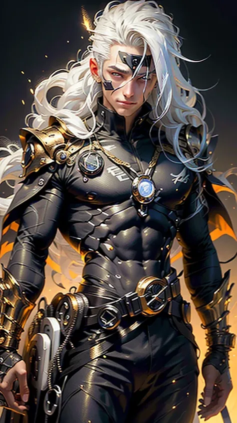 Generate an image of a detailed extreme close-up of a handsome cybernetic male angel , with long straight white hair and super fined detail radiant gold/black eyes color combination with intricate engraved golden marking on his face , smirking expression t...