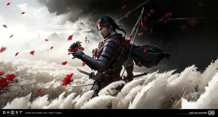 Male Three Kingdoms warrior holding a sword and red flowers in the background, Ghost of Tsushima, Inspired by Yoshihiko Wada, Inspired by the, Traditional Japanese concept art, 作为warrior, High quality digital concept art, warrior, Ronin, Akihiko Yoshida. U...