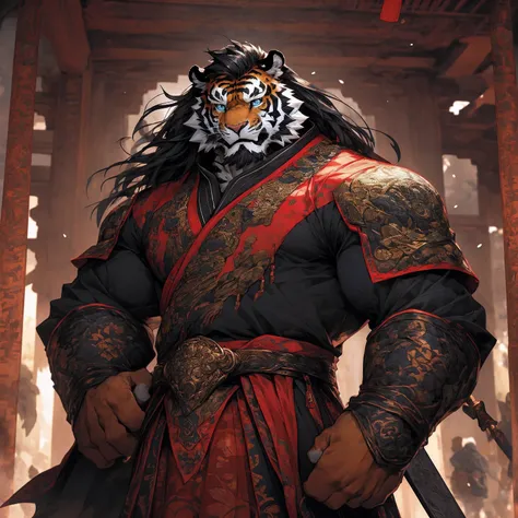 (黑色tiger),(黑色General战袍),Holding a sword,Powerful gesture,Stand confidently and proudly,(边塞Great Wall与沙漠戈壁为背景:1.2.Great Wall),abdominal muscles,Heroic Stance飒爽,完美的masterpiece,Various facial details,Long-term perspective,specific description,masterpiece,CG,(...