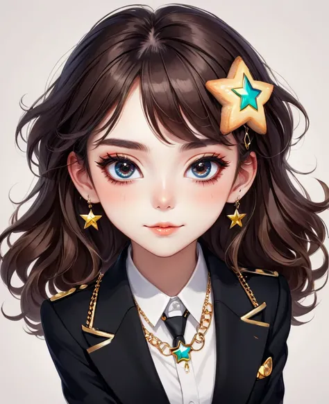 (Digital Illustration，Detailed anime style girl portrait，solitary，symmetry)，(Colorful big eyes，Fashionable and exquisite facial features，Exquisite makeup，sweet smile，Star symbol on cheek，Soulful gaze，)，(Fluffy bread，hairpin)，(Black suit，Epaulette Chain，Coo...