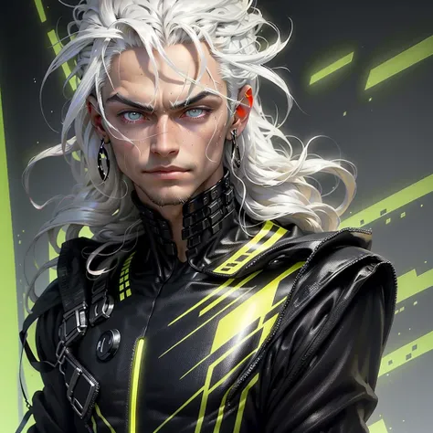 Generate an image of a detailed extreme close-up of a handsome cybernetic male angel , with long straight white hair and super fined detail radiant gold/black eyes color combination with intricate engraved golden marking on his face , smirking expression t...