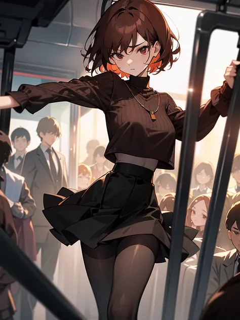 Reddish brown short length hair、Black high neck waffle knit top、Flared sleeves、Tight Skirt、Black Stockings、necklace、tits、slender、In a crowded train、Messed up