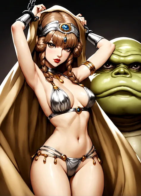 Taylor Swift (age 25) in the role of Princess Leia, trapped in Jabbas harem, wearing her iconic metal bikini slave outfit, sultry poses, chained to Jabba
