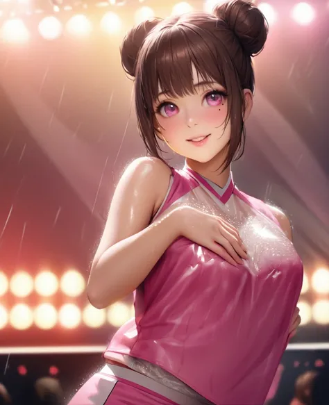 One Girl、Looking at the audience、lovely,
Beautiful pink eyes、Two brown double hair buns , Mole under the eye、Plump and glossy lips、Heart-shaped choca、Dance team uniforms、Her name is May,smile、ー、。.。.。.。.。.。.。.。.。.。.。.。.。.。.。.。.。.。.3D、Realistic、
Dance team u...