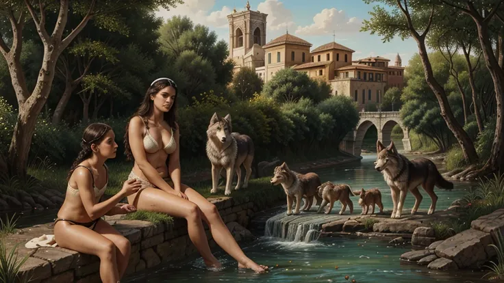 Hyperrealistic depiction of Romulus and Remus as infants, being nursed by a fierce yet nurturing she-wolf on the banks of the Tiber River, surrounded by lush, green wilderness.