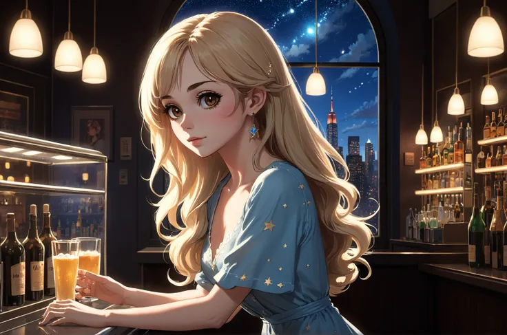 Uses Makoto Shinkai&#39;The depiction is perfect,Portrait of Cher Lloyd,8k 4k masterpiece photo ,new york,Glass ceiling jazz bar,I can see the twinkling stars through the glass window.,that&#39;Outside in the dark night,Jazz is playing,profile,Beautiful pr...