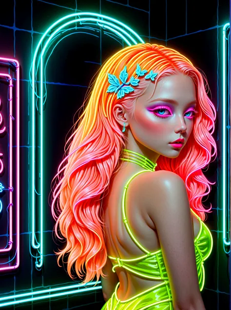 neon, (发光的neon玻璃制成的招牌)，透明neon材质，gloss，refraction details，albino girl，长须neon线水母在头上，long hair doll，(发光neon线制成的长裙:1.5)，renaissance，...