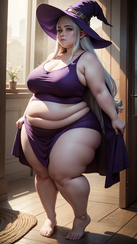 elf, young, witch, silver hair, red eyes, pale skin, tired expression, purple robes, sleeveless robes, witch hat, morbidly obese, extremely obese, fat arms, flabby arms, fat legs, fat face, fat belly, overhanging belly, flabby cheeks, quadruple chin, wide ...