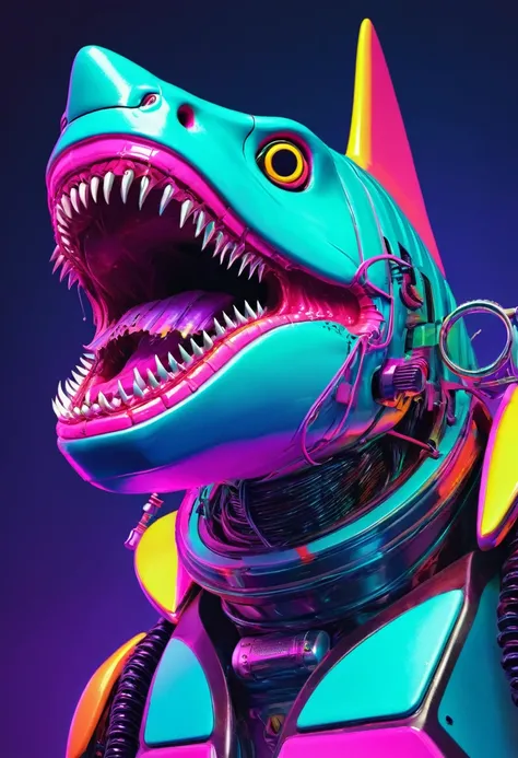 peixe colorido peixe tubarão zombie robot metal  big dangerous shark jaws  color synthwave neon retro