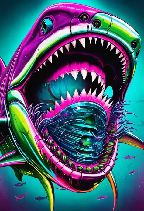 peixe colorido peixe tubarão zombie robot metal  big dangerous shark jaws  color synthwave neon retro