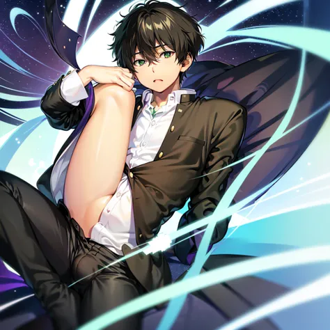 Oreki Houtarou, 1 boy, uniform, black eyes, black hair, nipples, bulge, spread legs