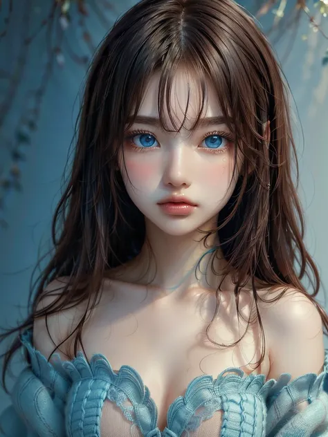 (masterpiece, Highest quality, Highest quality, Official Art, Beauty and aesthetics: 1.2), (One girl: 1.3), (Fractal Art: 1.3), Bright aqua blue eyes, Medium length hair with tassels, Nude midpart