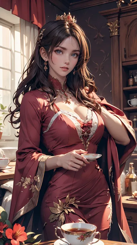 Brown haired woman, Violet Eyes, Violet Dress, Victorian dress, Royalty, noble, Drinking tea with a woman