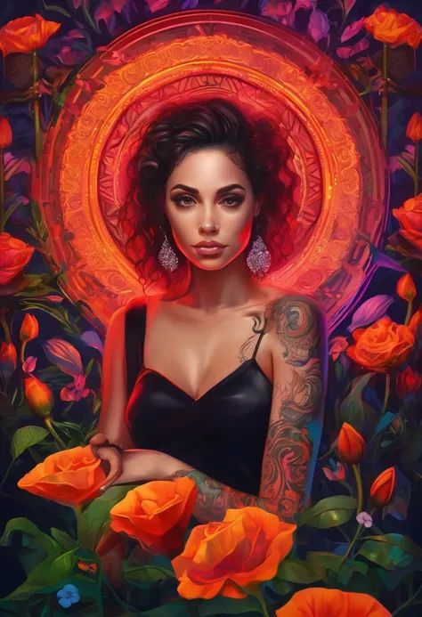 mulher 42 anos, cabelos curtos  preto, pequena tatuagem de flores acima do seio direito, long eyelashes, solid circle eyes, com brincos, sorriso leve, vestido vermelho, sentada em um bar sob luz neon, sombra projetada, atmospheric perspective, super detalh...