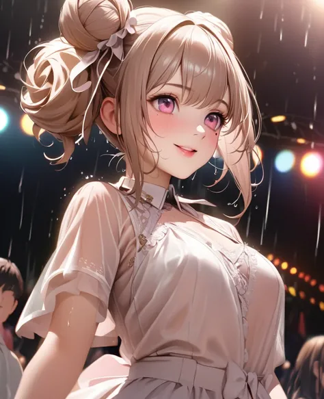 One Girl、Looking at the audience、lovely,
Beautiful pink eyes、Two brown double hair buns , Mole under the eye、Plump and glossy lips、Heart-shaped choca、Idol、Her name is May,smile、ー、。.。.。.。.。.。.。.。.。.。.。.。.。.。.。.。.。.。.3D、Realistic、
The idols costume was soake...