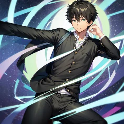 Oreki Houtarou, 1 boy, uniform, black eyes, black hair, nipples, bulge, spread legs, pants