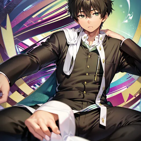 Oreki Houtarou, 1 boy, uniform, black eyes, black hair, nipples, bulge, spread legs, pants