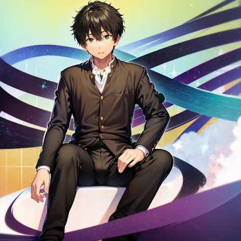 Oreki Houtarou, 1 boy, uniform, black eyes, black hair, nipples, bulge, spread legs, pants