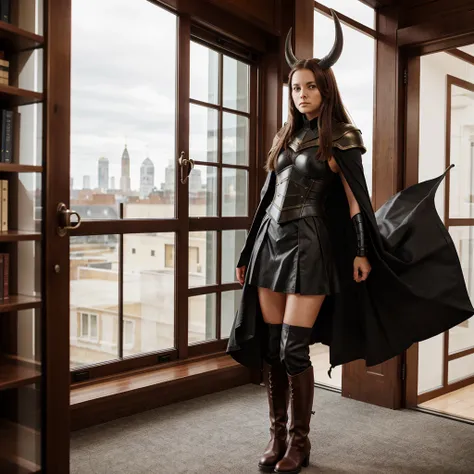 black horn, armor, library, red eyes, horn, cape, skirt, long boots, brown hair, window, mad, frown