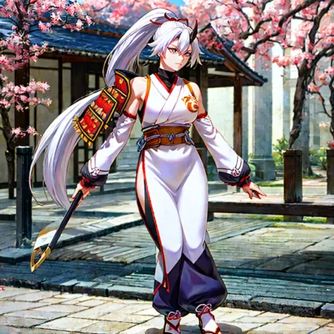 a woman wearing a white sleeveless samurai shirt, an orange samurai shoulder pad, dark blue samurai pants, white hair, ponytail ...