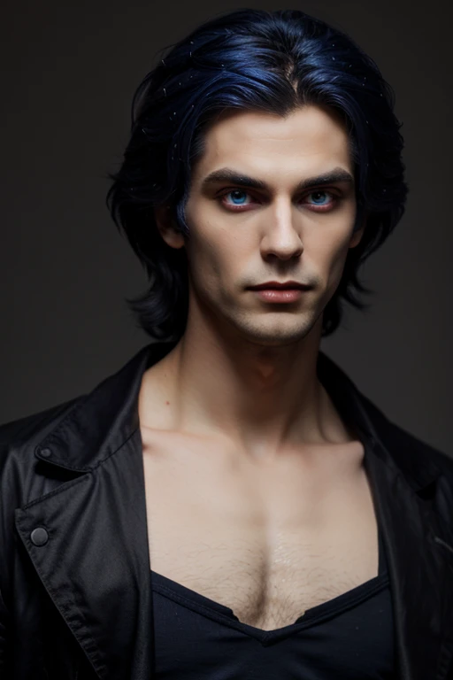 Young and tall lovely vampire man with big indigo eyes