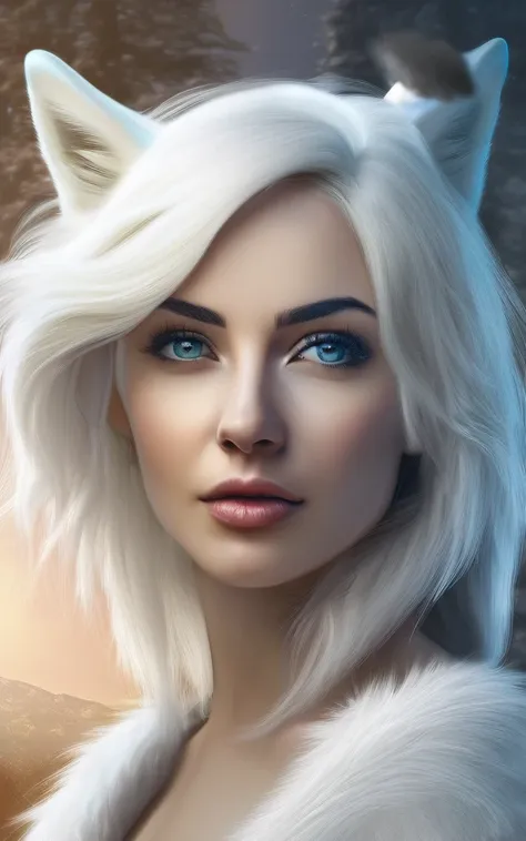 arafed photo of a woman with a white wolf, white wolf, wolfgirl, digital art. photo realistic, realistic digital art, a white wolf, female anthropomorphic wolf, photorealistic digital art, in style of wlop, fantasy wolf portrait, wolf like a human, realist...