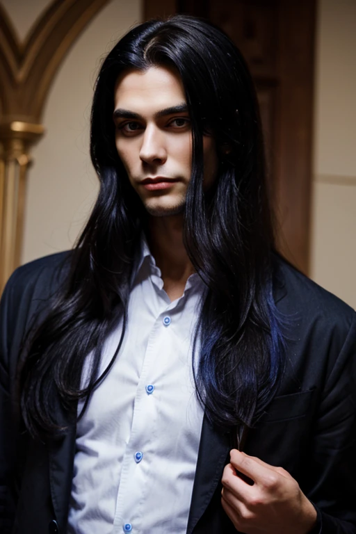 Young and tall lovely vampire man with big indigo eyes and long black hair