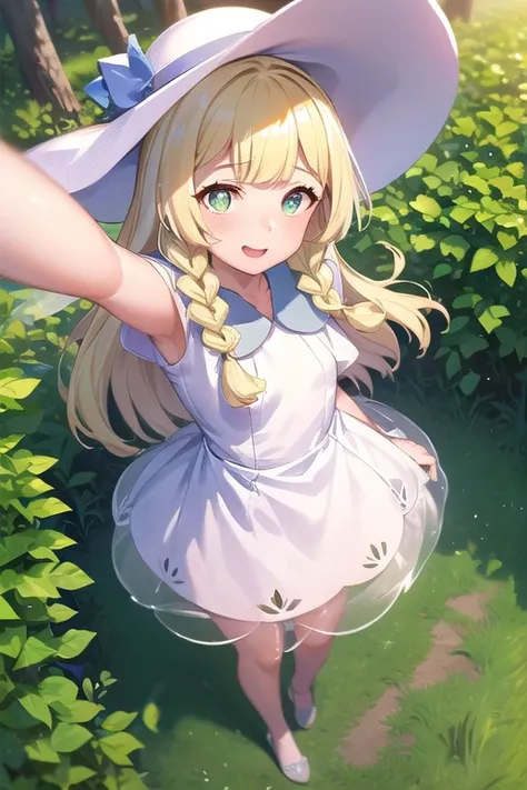 1 girl, masterpiece, top quality, lillie (pokemon), lillie, dress, green eyes, blonde hair, long hair, white dress, blush, white...