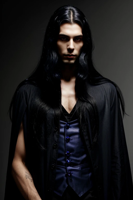 Gothic young and tall lovely vampire man with big indigo eyes and long black hair