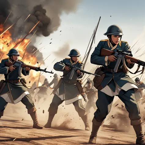 three cooks firing rifles on the battlefield of a military war, disparos y explosiones alrededor