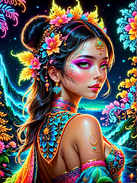 (masterpiece, Top quality, Best quality, Official Art, Beauty and aesthetics), (1girl:1.3), Extremely detailed, (Fractal Art:1.2), colorful, Highest detail, (禅绕画Neon:1.2), (Dynamic poses), (抽象的背景Neon:1.5), (Traditional clothing:1.2), (Shiny neon skin), (mu...