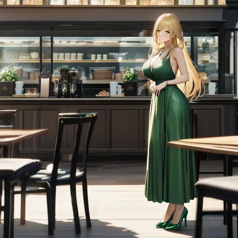 a woman wearing a sophisticated green dress, blonde hair, long hair, green eyes, smiling, standing outside a coffee shop, with t...