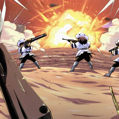 three cook chefs firing rifles on the battlefield of a war war, disparos y explosiones alrededor