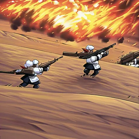 three cook chefs firing rifles on the battlefield of a war war, disparos y explosiones alrededor