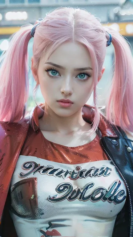 young woman, short shoulder-length pink hair, wide forehead, porcelain skin, pink eyebrows, big emerald green eyes, buttoned nos...