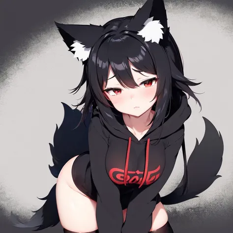 masterpiece, best quality, anime, ((girl)), cute, black hair covering forehead, solid Black Hoodie, front view, ((Red eyes)), ((Black Really Fluffy Wolf tail and ears)), Cute expression, Black Shorts with Thigh Highs. Black hat, full body, sfw