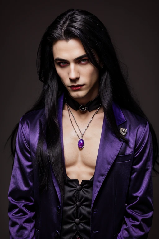 young handsome hetero Man Jinx Edward vampire with big indigo-eyes and gems and long black hair